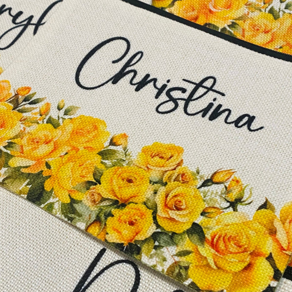 Yellow Roses Flower Makeup Bag, Personalized Rose Birth Flower Gift, Lined Linen Cosmetic Bag, June Birth Flower Gifts, Yellow Rose Wedding