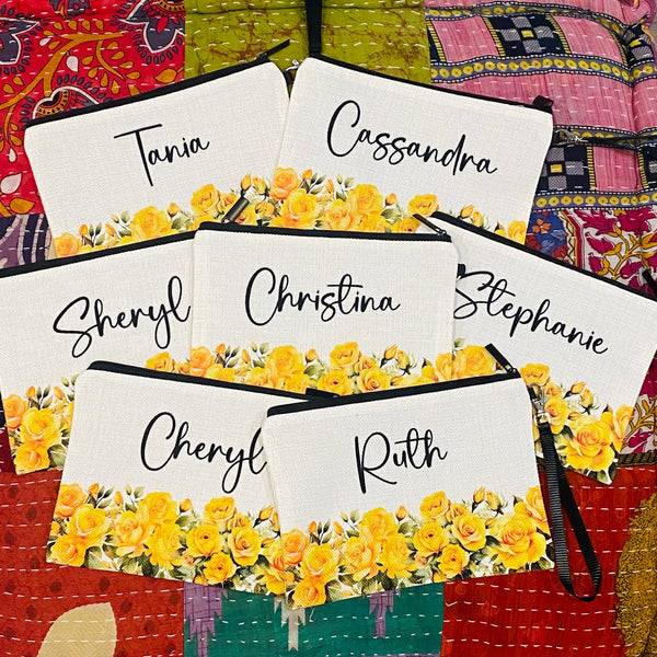 Yellow Roses Flower Makeup Bag, Personalized Rose Birth Flower Gift, Lined Linen Cosmetic Bag, June Birth Flower Gifts, Yellow Rose Wedding