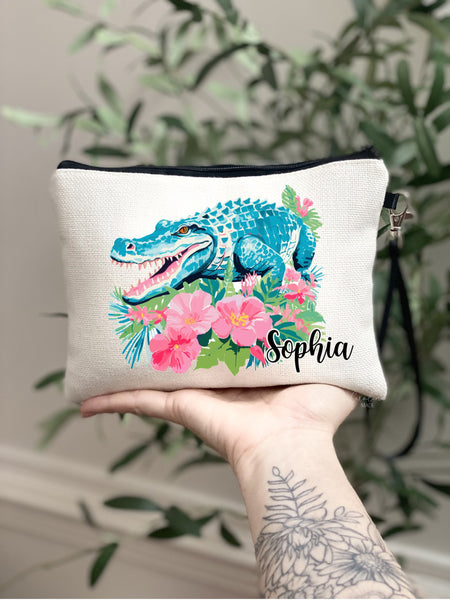 Preppy Alligator Makeup Bag, Pink Floral Preppy Girls Alligator Zipper Pouch, Beach Trip Gift Ideas, Trendy Girls Trip Tropical Getaway Bag
