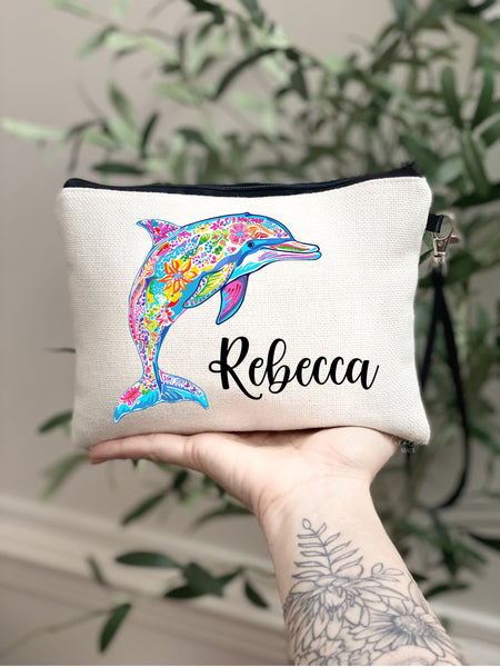 Dolphin Makeup Bag, Personalized Preppy Dolphin Gift, Girls Dolphin Zipper Pouch, Beach Trip Gift Ideas, Trendy Girls Tropical Getaway Bag