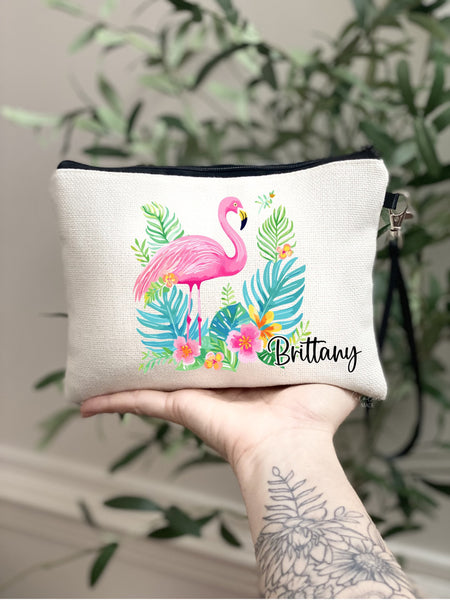 Preppy Flamingo Makeup Bag, Personalized Flamingo Tropical Gift, Floral Girls Flamingo Zipper Pouch, Beach Trip Gift Ideas, Trendy Girls Bag