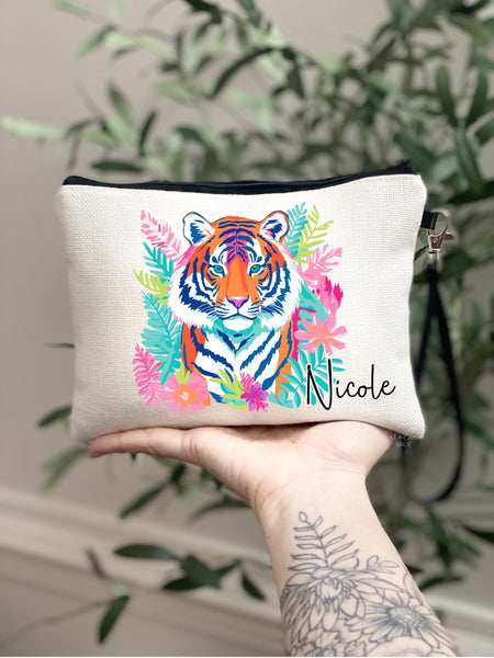 Preppy Tiger Makeup Bag, Personalized Tiger Tropical Gift, Pink Floral Girls Tiger Zipper Pouch, Beach Trip Gift Ideas, Trendy Tiger Bag