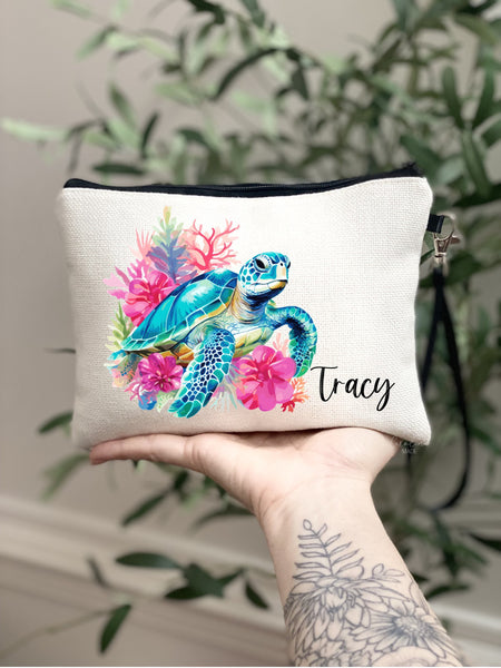 Preppy Sea Turtle Makeup Bag, Personalized Sea Turtle Tropical Gift, Pink Floral Sea Turtle Zipper Pouch, Trendy Beach Trip Bag Gift Ideas