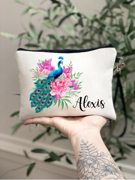 Preppy Peacock Makeup Bag, Personalized Peacock Tropical Gift, Pink Floral Girls Peacock Zipper Pouch, Trendy Peacock Beach Trip Gift Ideas