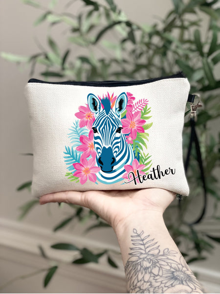 Preppy Zebra Makeup Bag, Personalized Zebra Tropical Gift, Floral Girls Zebra Zipper Pouch, Beach Trip Gift Ideas, Trendy Girls Zebra Gifts
