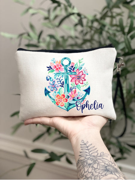 Preppy Anchor Makeup Bag, Personalized Anchor Gift, Pink Floral Boat Anchor Zipper Pouch, Trendy Beach Trip Bag, Girls Cruise Gift Ideas