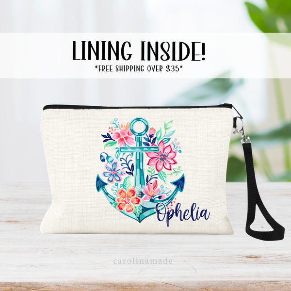 This linen zipper pouch features a pretty preppy anchor design in the center with colorful flowers and greenery.  It is personalized in the corner with your name.