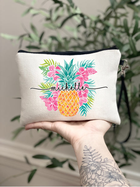 Preppy Pineapple Makeup Bag, Personalized Pineapple Gift, Palm Leaf Pineapple Zipper Pouch, Tropical Beach Trip Gift Ideas, Trendy Girls Bag