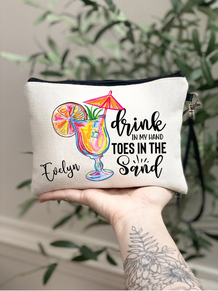 Preppy Cocktail Beach Bag, Drink in my hand Toes in the Sand, Girls Beach Trip Gift Idea, Girls Tropical vacation makeup Bag, Beach Wristlet