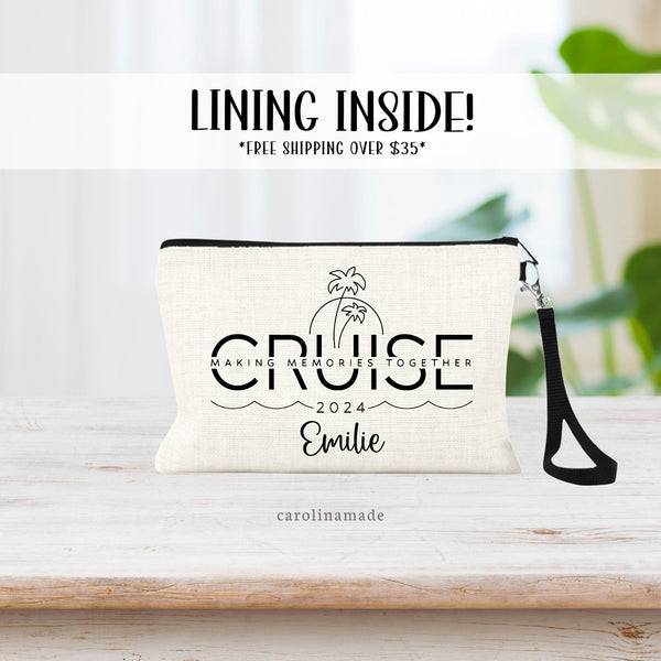 This black & white minimalist design features the word CRUISE with the tag line: making memories together. There is sun and palm tree line art above it with the year and a personalized name below.