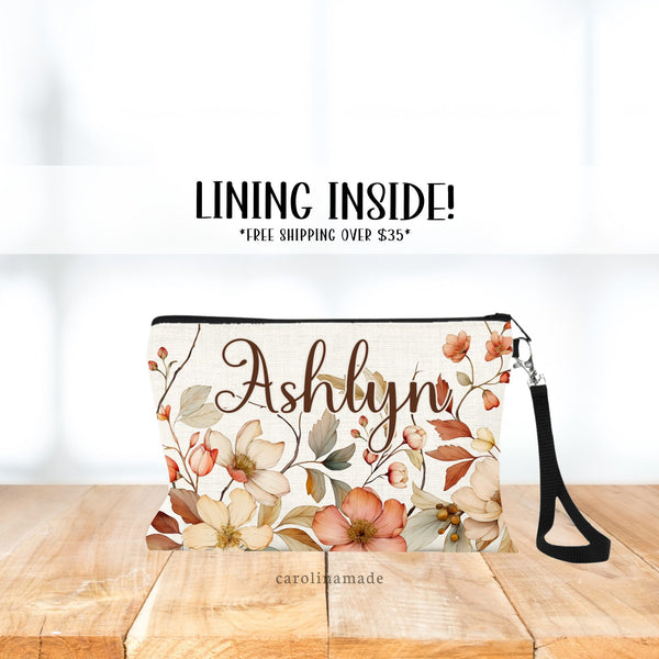Boho Wildflower Makeup Bag, Personalized Boho Wristlet, Bridal Party Gift Ideas, Boho Cosmetic Bag, Fall Boho Wedding Gifts, Bridesmaid Gift