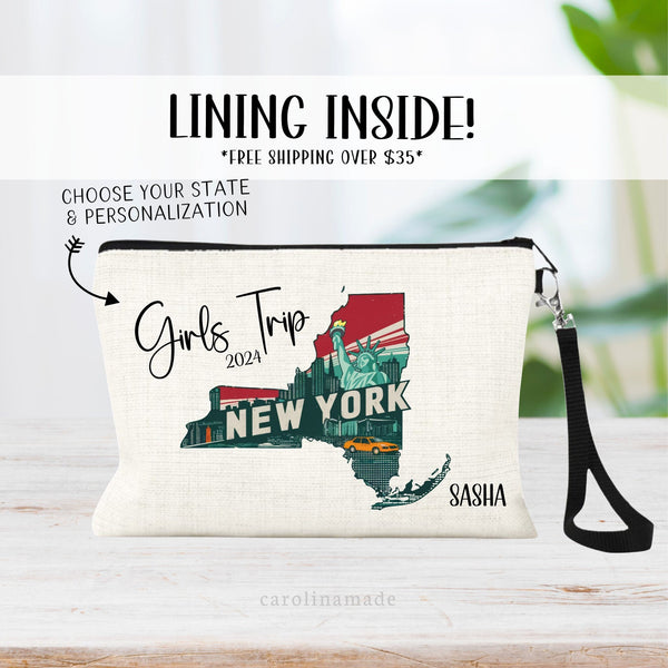 This linen zipper pouch features your choice of state with your custom personalization. Perfect for your next family vacation or girls trip! New York, Florida, California, Hawaii, Carolina, Tennessee, Louisiana, Nevada, Vegas, Boston, Texas