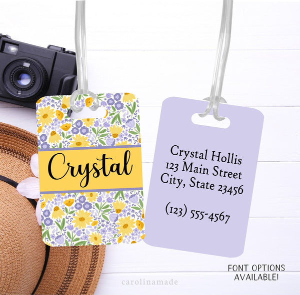Floral Bag Tag, Personalized Luggage Name Tag, Custom Travel Bag Tag, Yellow and Purple Flowers, Traveler Gift, Personalized Gift for Her