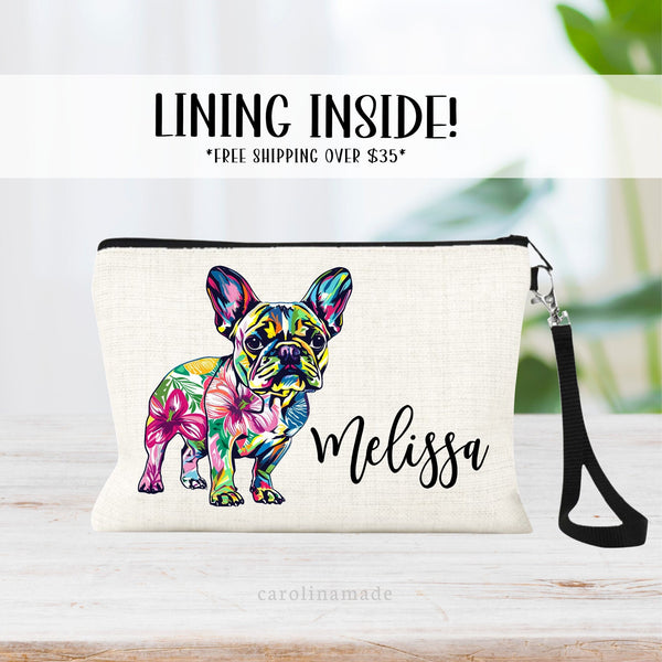 This linen zipper pouch features a pretty floral pattern design with a french bulldog. It is personalized in the with your name. Perfect for any Frenchie Mom!