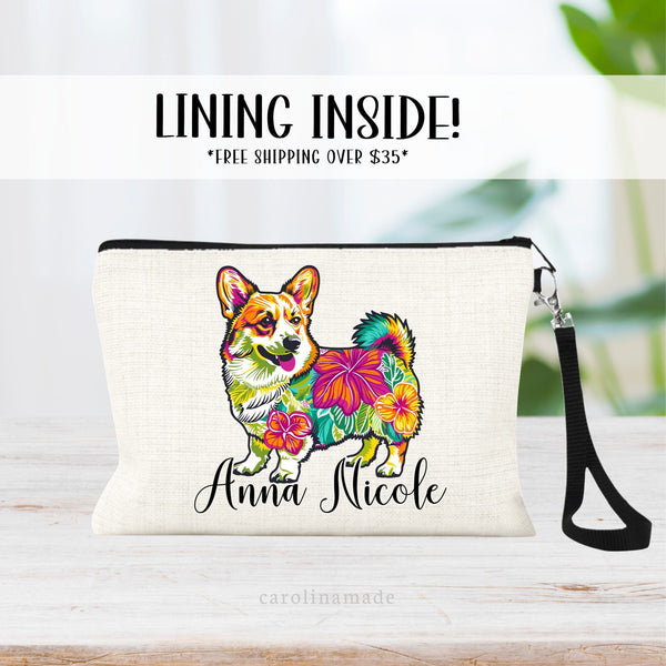 This linen zipper pouch features a pretty floral pattern design with a corgi. It is personalized in the with your name. Perfect for any Corgi Mom!