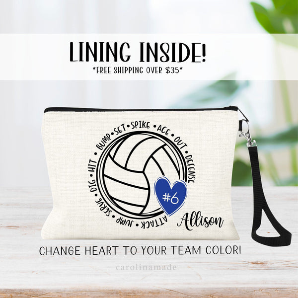 This fun linen wristlet makes a great Volleyball gift! Large Volleyball in the center of the bag with a heart on the side of it. Heart is customized to your team color and shows jersey number in the center. Personalize with your name in the corner