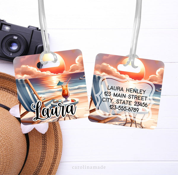 This colorful aluminum luggage tag features a beautiful sunset with a chair and cocktail to enjoy the beach view. Personalize this tag with your name on the font and your information on the back.