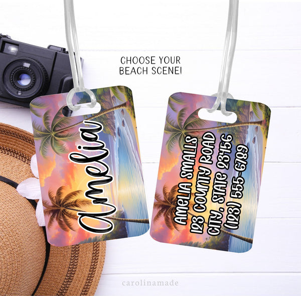 This luggage tag features your choice of 9 different beach scenes. It is personalized with your name on the front and your contact information on the back.