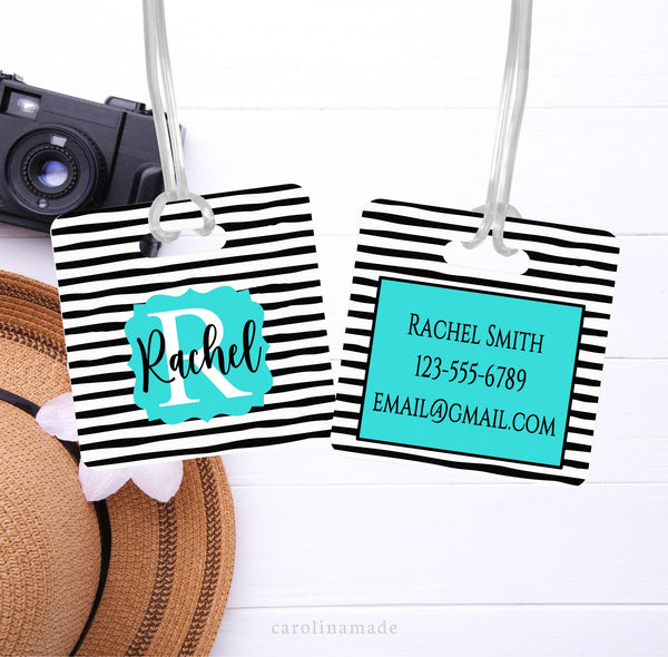 Personalized Luggage Tag, Black and White Stripe Travel Accessories, Custom Monogram Luggage Name Tag, Traveler Gift, Luggage ID Tag Gift
