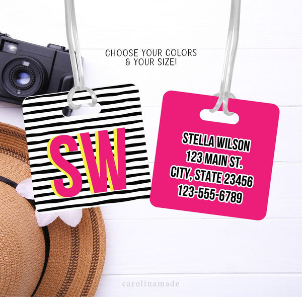 Monogram Luggage Tag, Black and White Stripe Travel Accessories, Personalized Luggage Name Tag, Traveler Gift, Custom Luggage ID Tag Gift