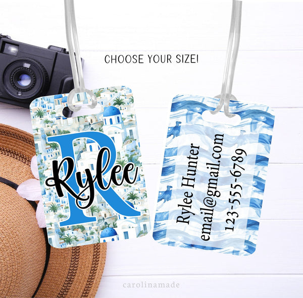 This aluminum luggage tags is perfect for your next trip to Greece. Each side features its own unique Greek design. The front has a large initial with your name. The back is personalized with your contact information.