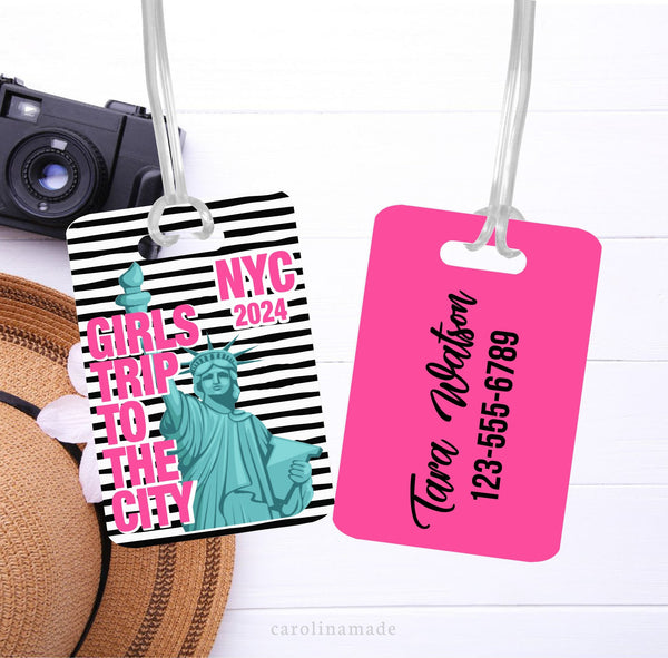 This aluminum luggage tags is perfect for your next trip to New York City.  The front has a large statue of liberty and says Girls Trip to the City NYC 2024. The back is personalized with your contact information.
