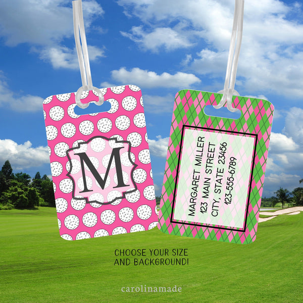 The aluminum tag features a fun colorful golf design  with your monogram on the front and your contact information on the back.