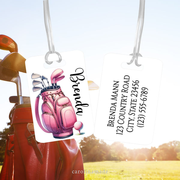 Golf Bag tag with white background and pink golf bag and clubs. The front has your name and the back is personalized with your contact info.
