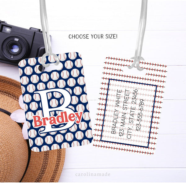 This aluminum bag tag features a fun design on each side. Blue with baseballs all over the front. The back has baseball stitches. Personalized with your information.