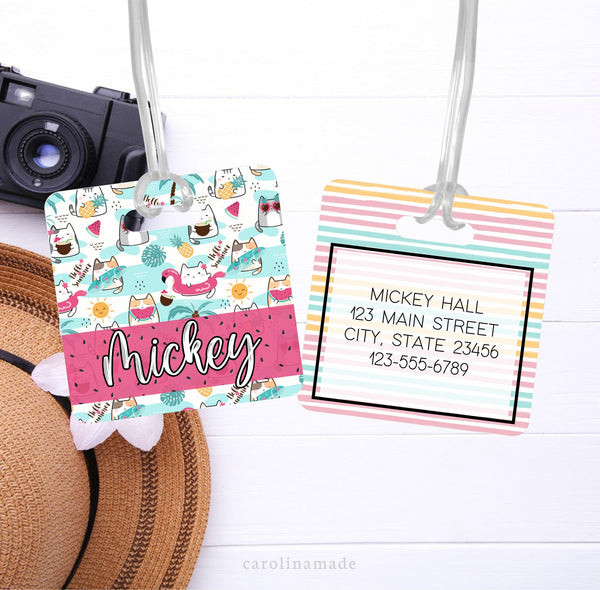 Personalized Swimming Cat Bag Tag, Swimming Cat Summer Luggage Tag, Cat Lover Gift, Family Vacation Bag Tags, Kids Travel Bag Accessories