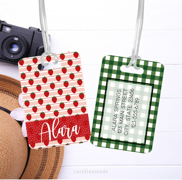 Strawberry Luggage Tag, Personalized Strawberry ID Tag, Family Vacation Bag Tags, Kids Travel Bag Accessories, Summer Girls Trip Gifts