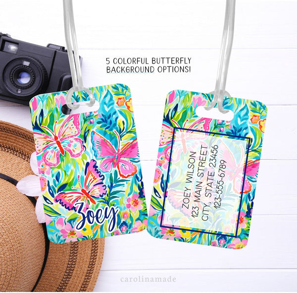 This aluminum luggage tag features a colorful preppy butterfly design on both sides. The front has a name. And the back is personalized with contact info.