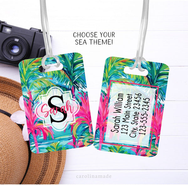 This aluminum luggage tag features a colorful preppy palm tree design on both sides. The front has a name. And the back is personalized with contact info.