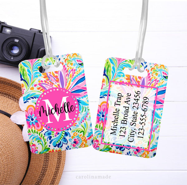 This aluminum luggage tag features a colorful preppy paisley floral design on both sides. The front has a name. And the back is personalized with contact info.