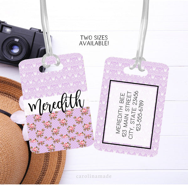 This aluminum luggage tag features a purple flower chic girls design on both sides. The front has a name. And the back is personalized with contact info.