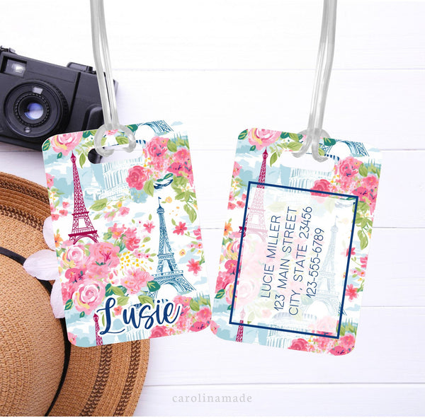 The perfect accessory for your trip to Paris! This preppy floral Eiffel Tower luggage tag is a beautiful addition to your bags. Personalize the front with your name and the back with your contact info.