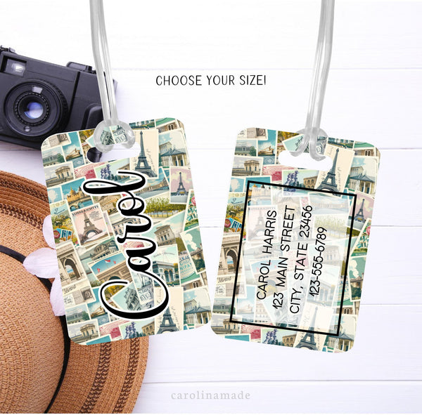 The perfect accessory for your trip to Paris! This Paris Greetings Eiffel Tower luggage tag is a beautiful addition to your bags. Personalize the front with your name and the back with your contact info.