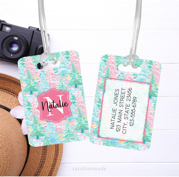 Get ready for your Christmas Travels with this preppy pastel Christmas Tree luggage tag! Your Name and initial is on the front. And your personalized contact information is on the back.
