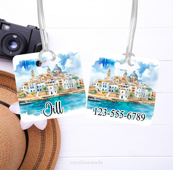 This aluminum luggage tag features a colorful Ibiza Spain design on both sides. The front has a name. And the back is personalized with contact info.