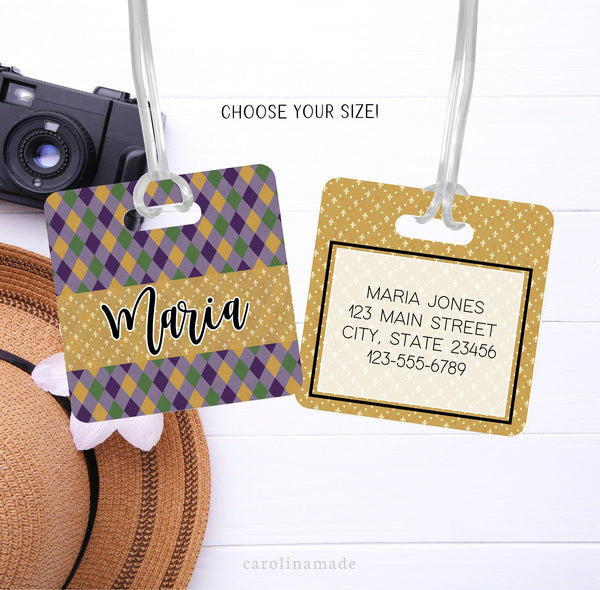 This aluminum luggage tag features a two mardi gras design on both sides. The front has a name. And the back is personalized with contact info.