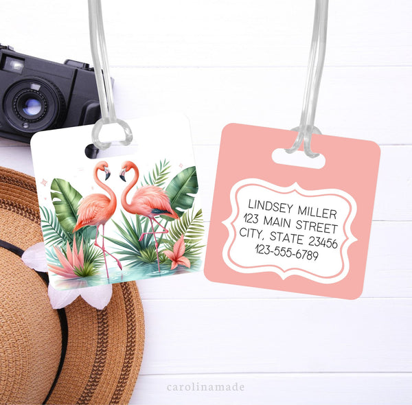 This aluminum luggage tag features a beautiful watercolor Flamingo design on the front. And the back is a solid pink color and is personalized with contact info.