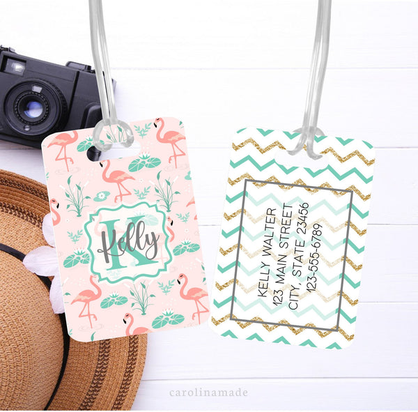 Flamingo Luggage Tag, Personalized Flamingo Bag Tag, Beach Travel Accessories, Girls Monogram Luggage Tag, Traveler Gift, Tropical Vacation