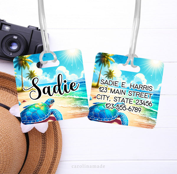 This aluminum luggage tag features a beautiful watercolor beach and sea turtle design on both sides. The front has your name. And the back is personalized with contact info.