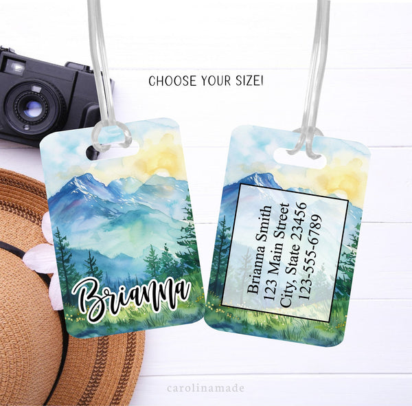This aluminum luggage tag features a beautiful watercolor mountain sunrise design on both sides. The front has your name. And the back is personalized with contact info.