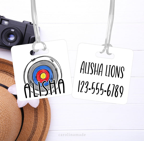 Never lose your bag again with this archery bag tag! Front features archery target with your name. The back is personalized with contact information.