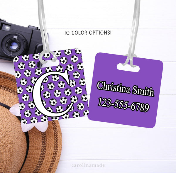 Never lose your bag again with this personalized soccer design bag ID. Choose from 10 color patterns. Large Initial on the front and personalized contact information on the back.