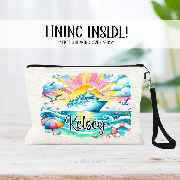 This lined linen wristlet features a colorful pink  and blue pastel design with a cruise ship ocean, palm tress and sun. Your name is personalized on the corner. Perfect for your next girls cruise!