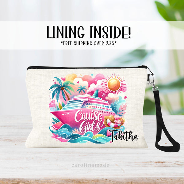 This lined linen wristlet features a colorful pink design with a cruise ship ocean, palm tress and sun. Your name is personalized on the corner. Perfect for your next girls cruise!