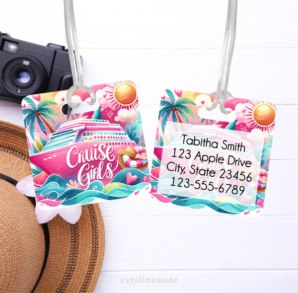 This luggage tag features a fun girly pink and teal design with cruise ship, ocean waves, palm tree sun & more! The front says Cruise Girls. The back is personalized with your contact information.