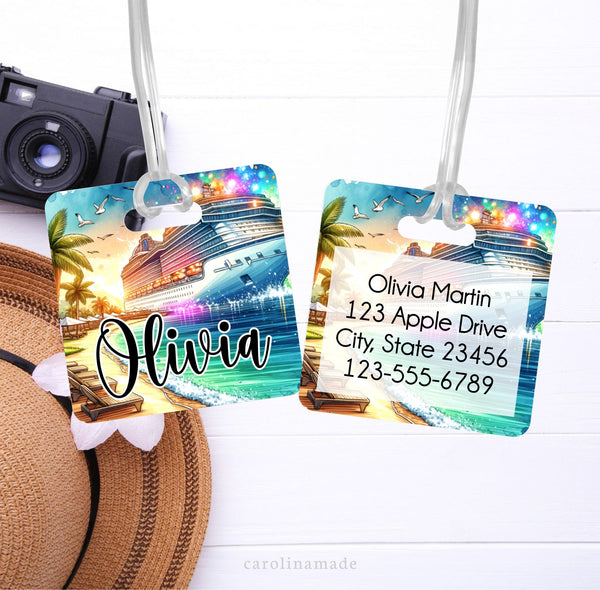 This aluminum luggage features a colorful cruise ship design with a large ship and beach front. Personalize with your name. And Contact information on the back.
